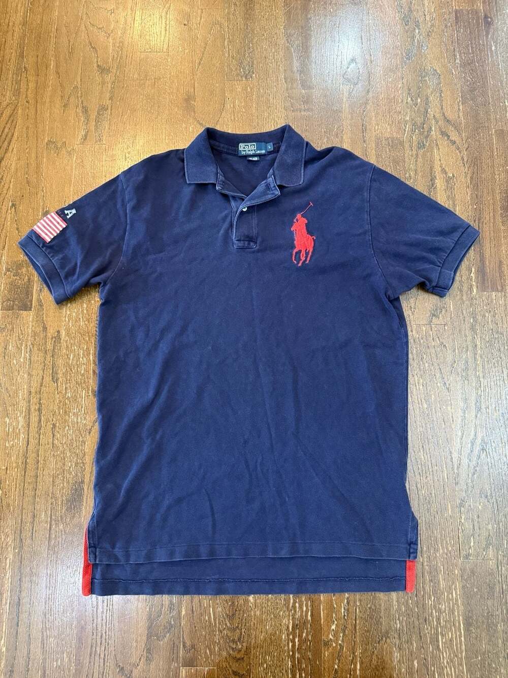Polo By Ralph Lauren Big Pony Polo Shirt Size L USA Flag Navy Blue